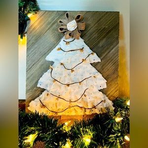 Hand made lace Christmas tree wall art. Warm and cozy farmhouse vibe!